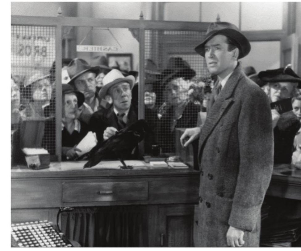 Still from the 1946 film It's A Wonderful Life depicting a bank run