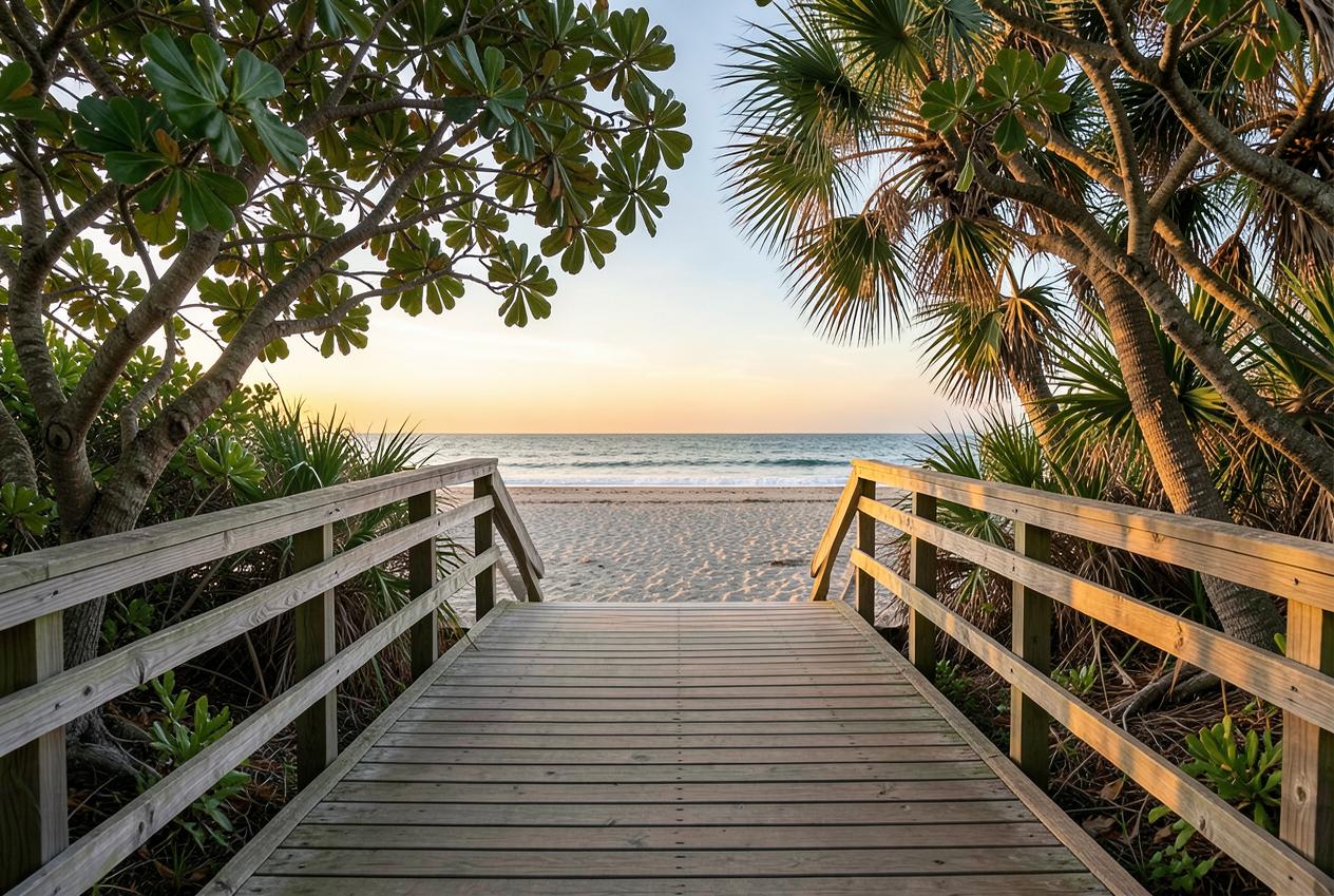 Wooden boardwalk framed by sea grape trees opening onto an empty Vero Beach shoreline at golden hour