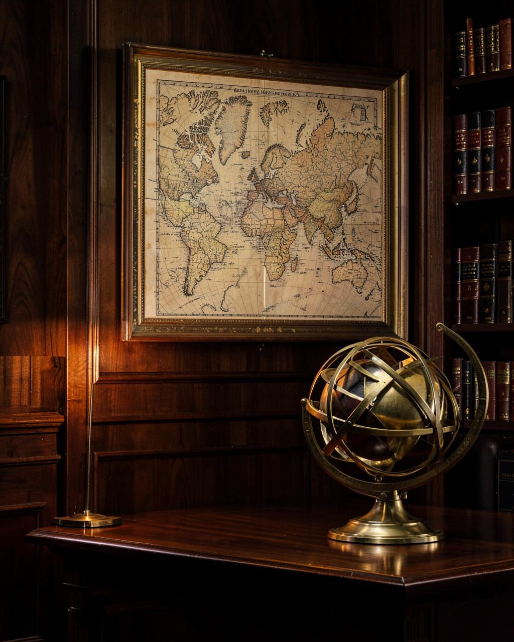 Antique world map framed on a wood-paneled wall beside a brass armillary globe